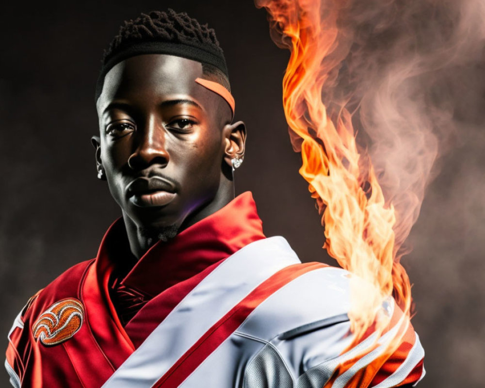 Person in Headband with Red & White Outfit and Fiery Special Effects