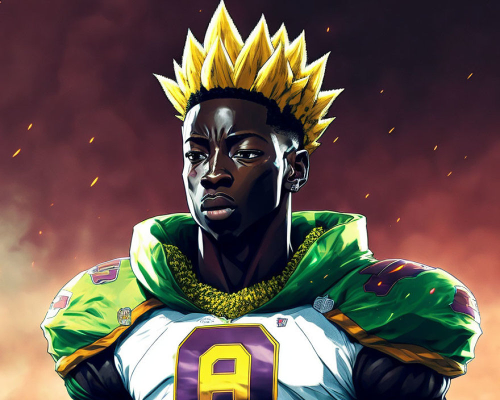 Male figure with glowing yellow hair in American football uniform on fiery background