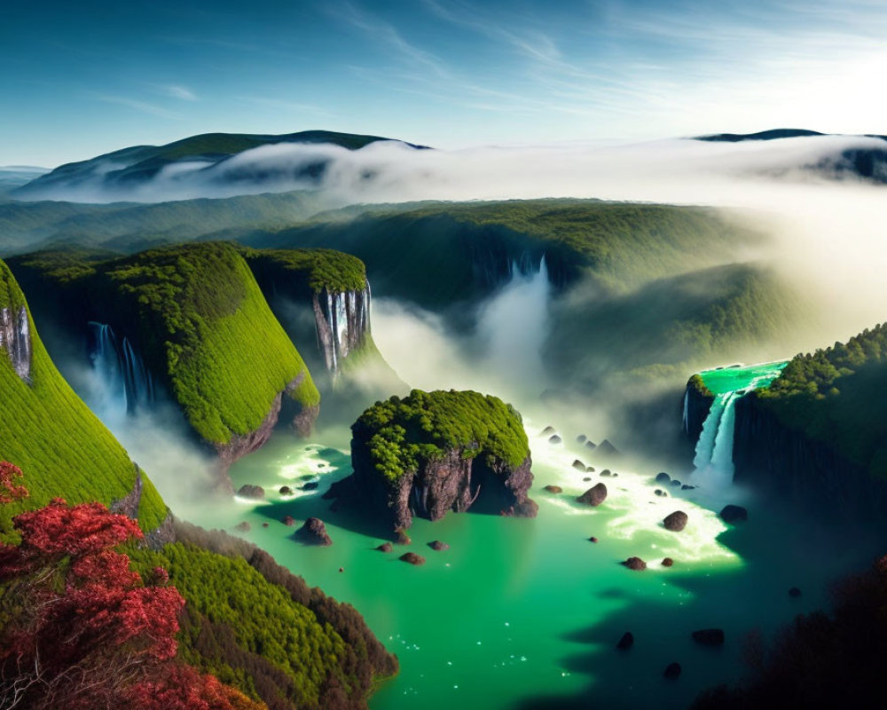 Scenic view of misty green hills, waterfalls, and serene lake