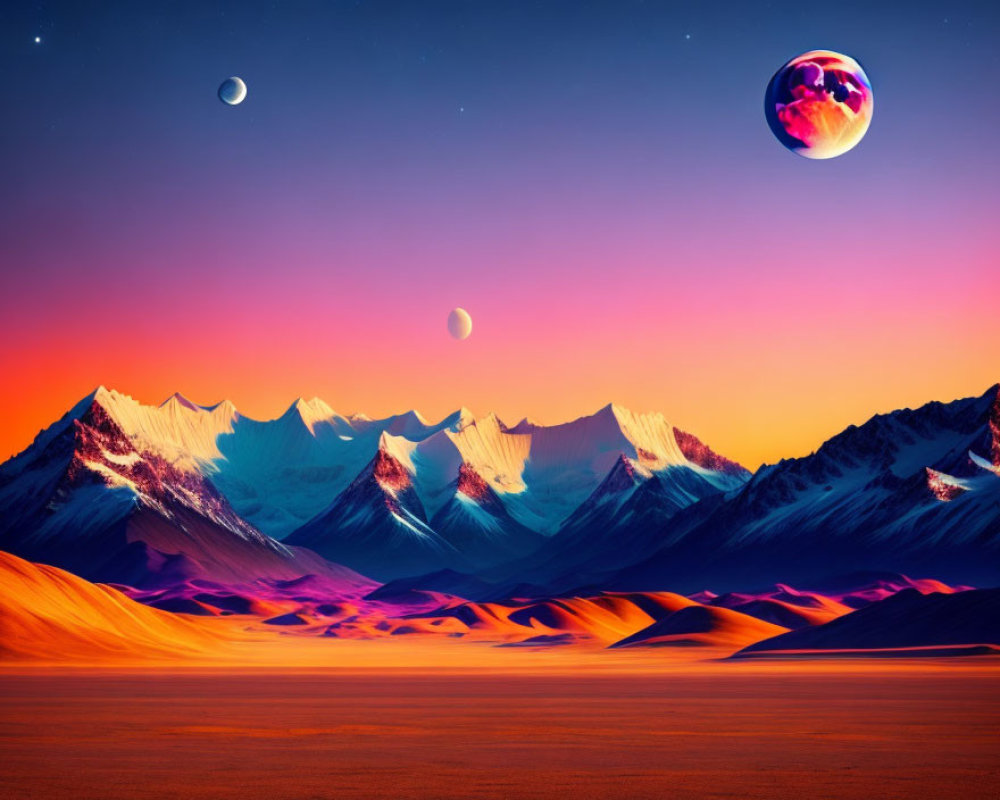 Surreal landscape with orange sands, snow-capped mountains, and celestial bodies at twilight