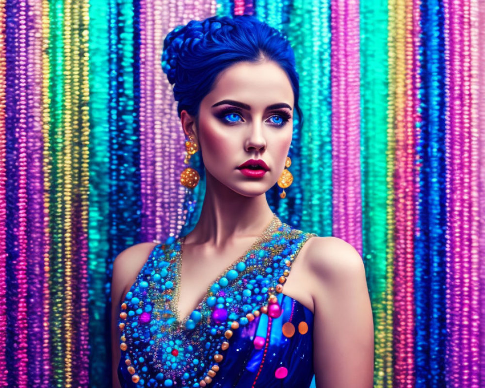Colorful Blue-Haired Woman in Beaded Jewelry and Dress Against Colorful Backdrop