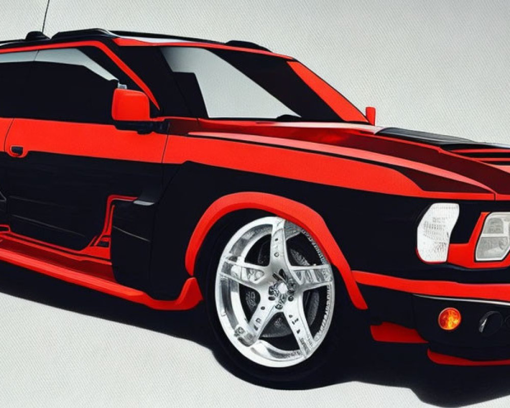 Stylized illustration of modified red and black sports car