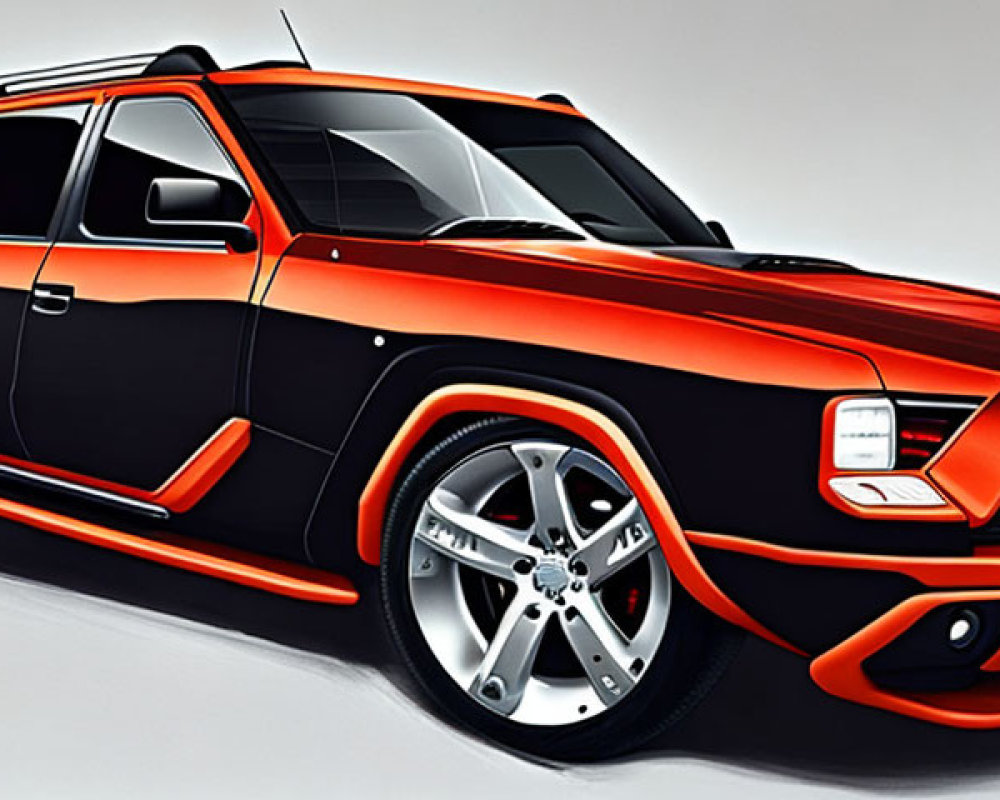 Modern black and orange SUV with large alloy wheels on white background
