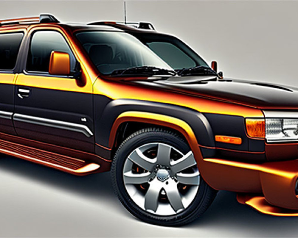 Illustrated Orange and Black SUV with "X-ESSAY" Label, Side Steps, Roof Rails