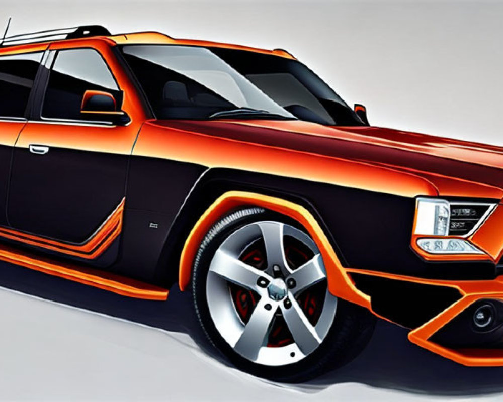 Stylized orange and black SUV illustration with bold lines and custom rims