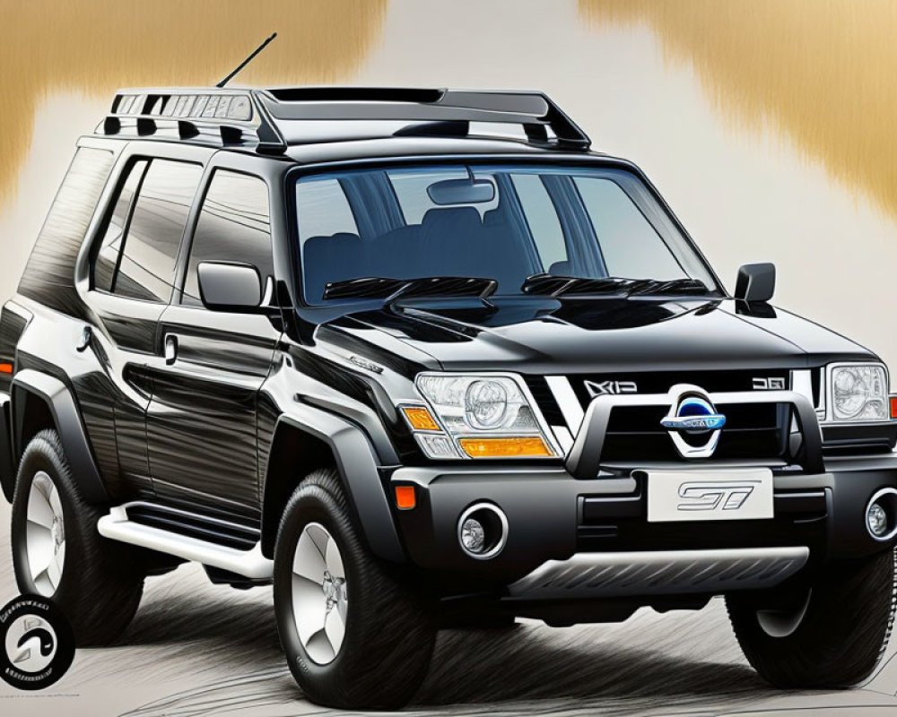 Black SUV with Roof Rack and Grille Badge on Beige Background
