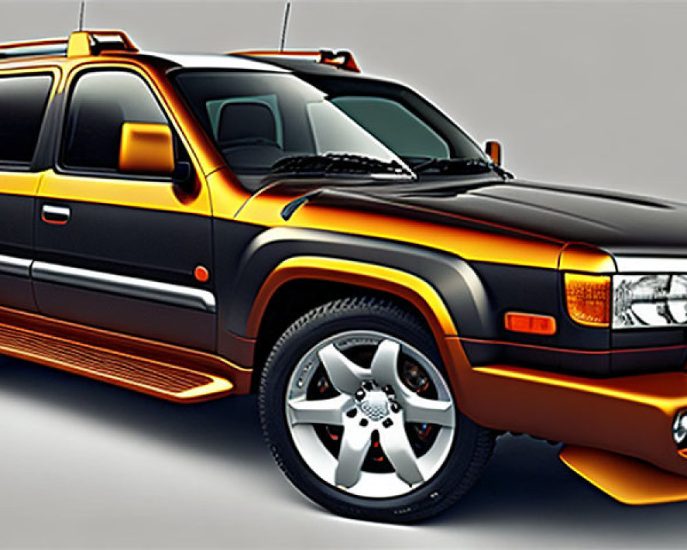 Stylized yellow and black SUV graphic with chrome wheels and roof rack on gray background.