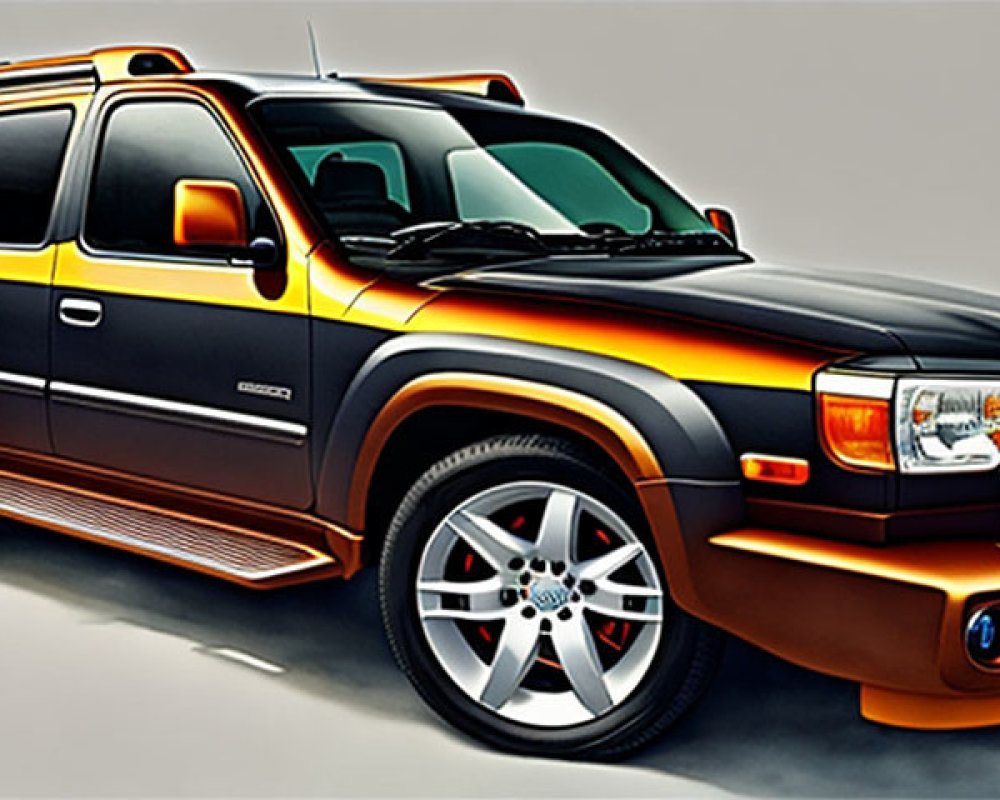 Customized orange and black SUV with roof rails, custom wheels, and body kit on light background