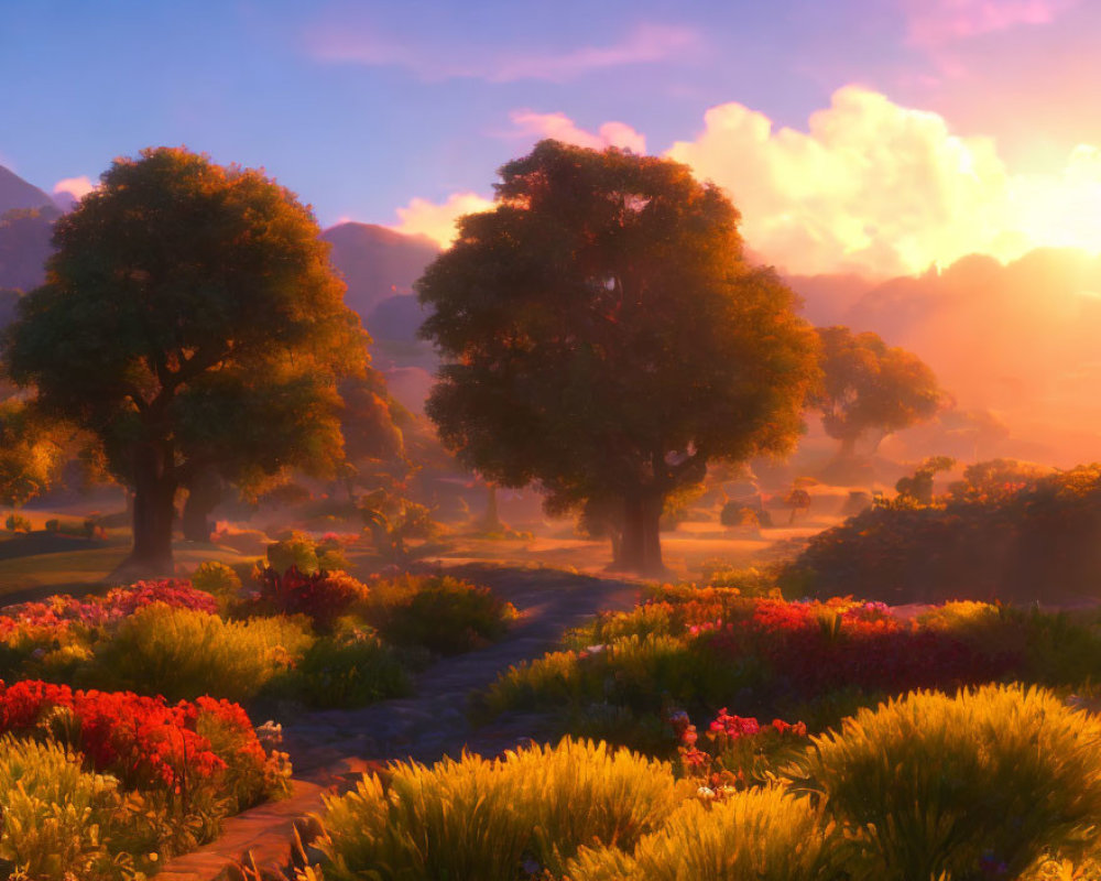 Tranquil garden scene at sunrise with vibrant flowers and lush trees