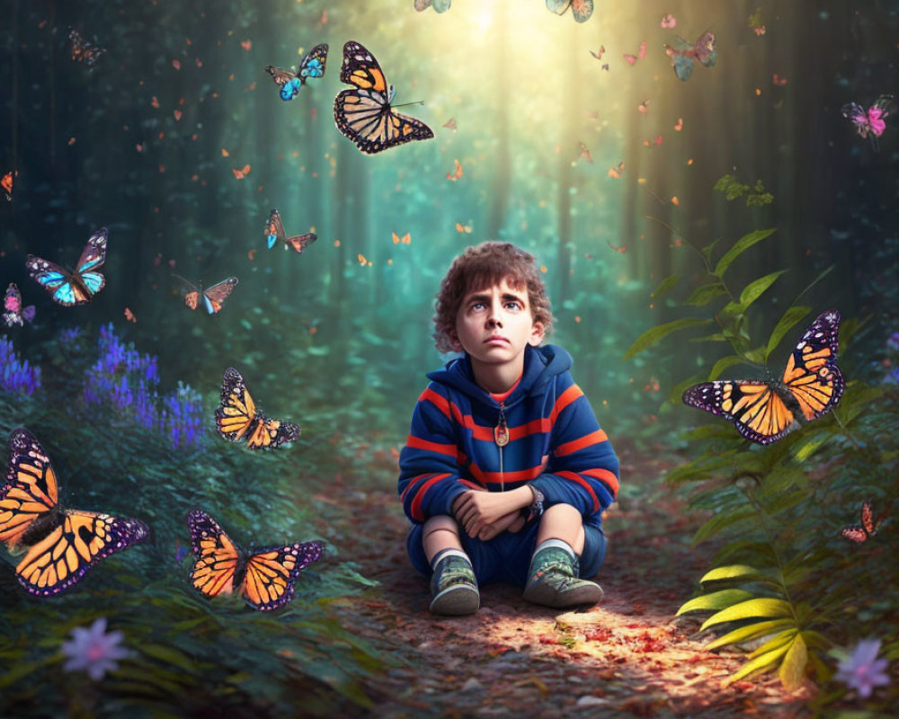 Young boy surrounded by butterflies and flowers in forest setting