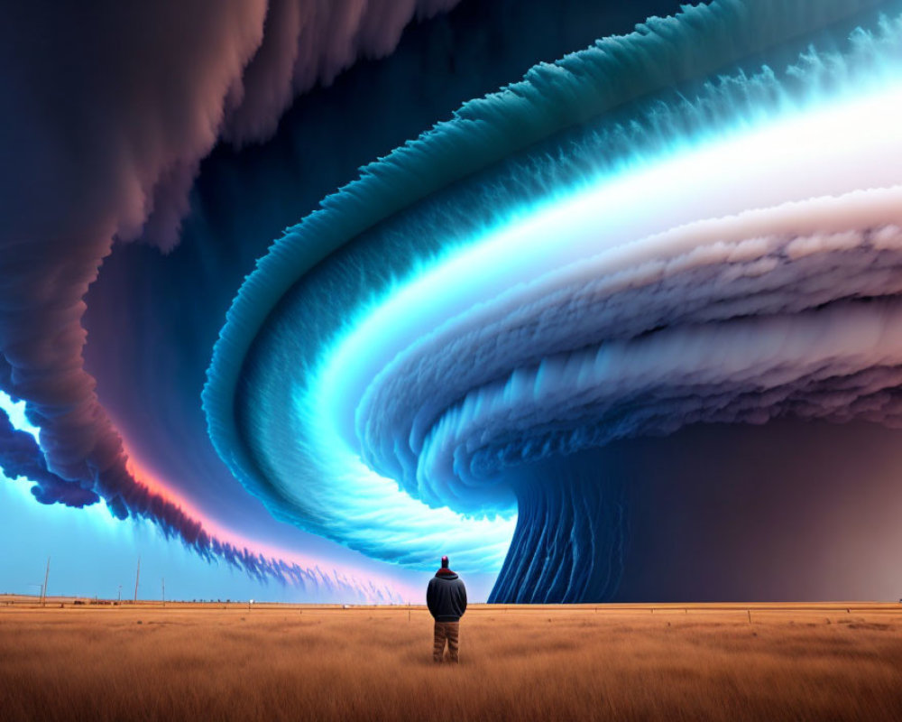 Person in Field Observing Vibrant Blue and Purple Tornado Clouds