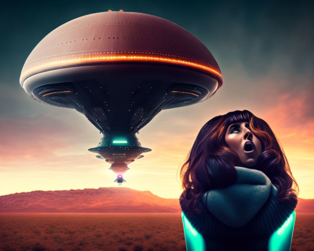 Shocked woman under large UFO in dramatic dusk sky