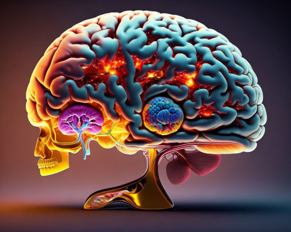 Colorful Human Brain Illustration with Glowing Activity Areas in Translucent Head Profile
