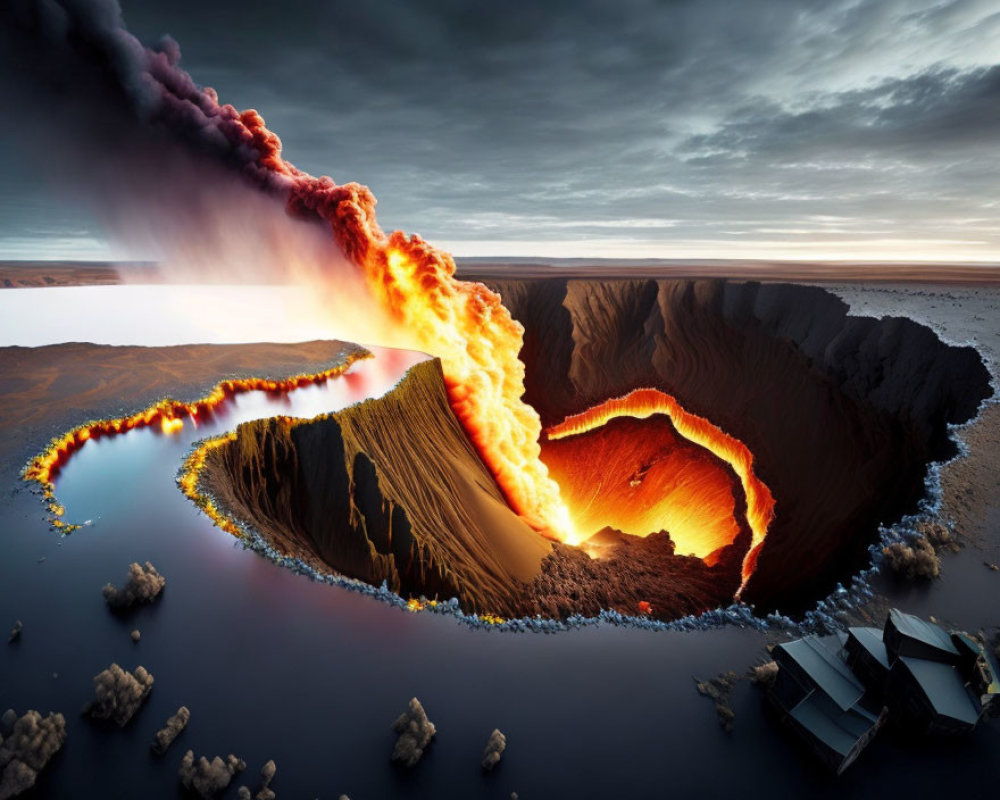 Volcanic eruption with lava flowing into crater and onlookers near water