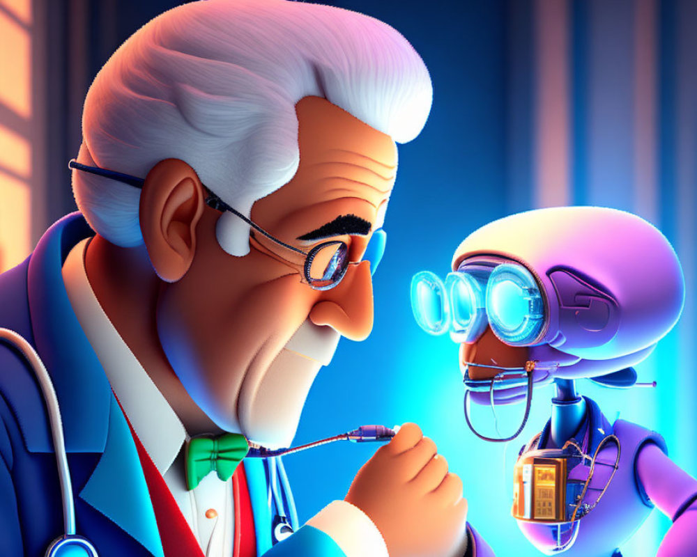 Elderly scientist examining robot under blue light