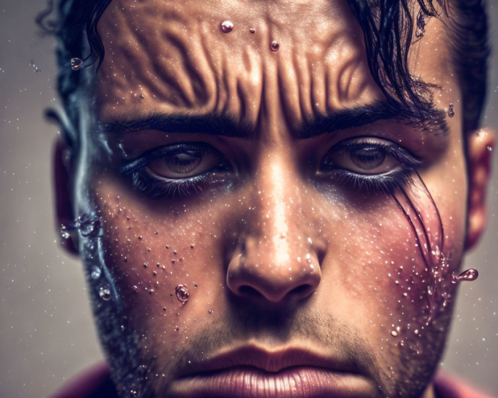 Intense close-up portrait with water droplets on furrowed brows