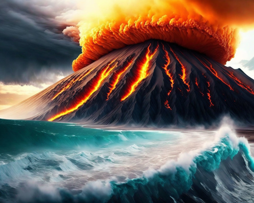 Volcanic eruption with lava flows, ash cloud, and ocean waves