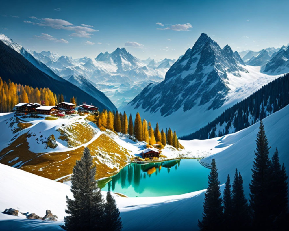 Snow-capped mountains and a clear blue lake in serene alpine landscape