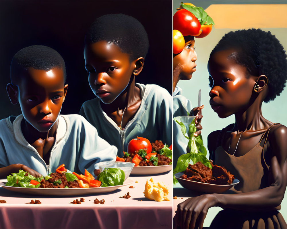 Stylized paintings of children with vibrant salads side by side