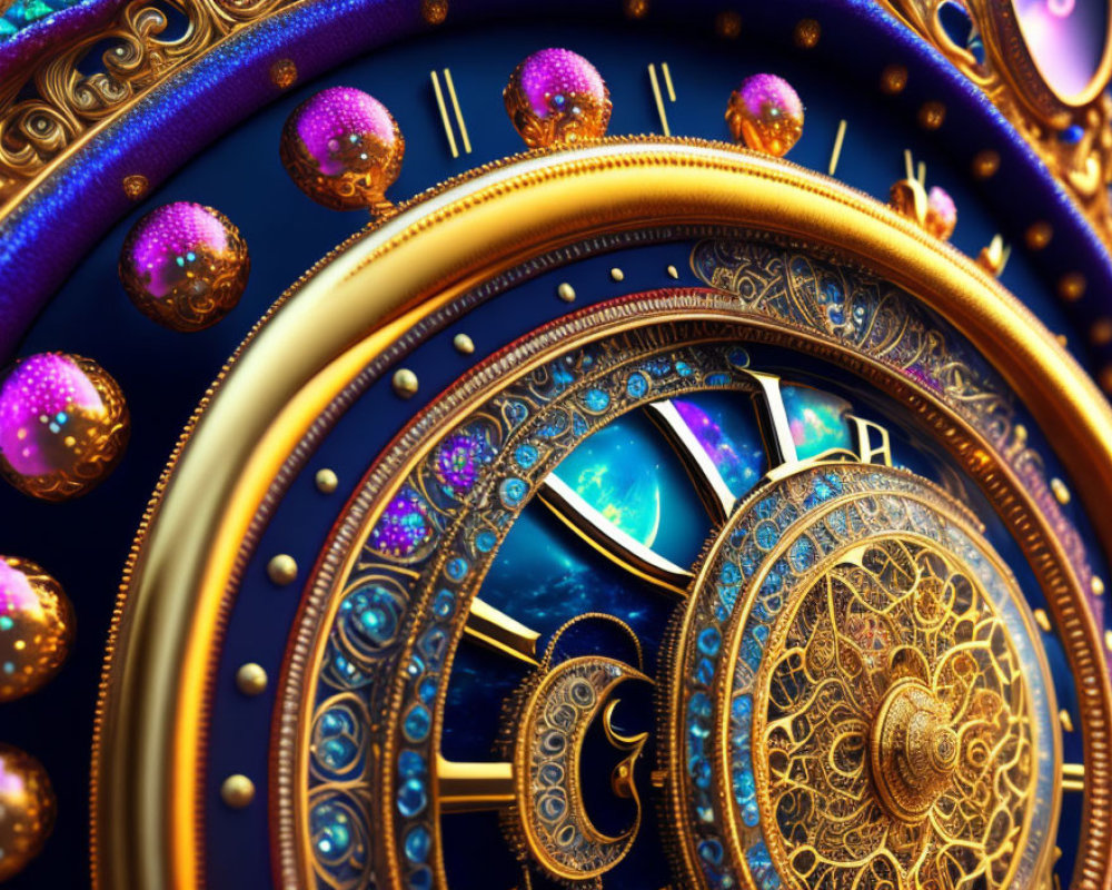 Cosmic clock design with celestial motifs and golden gears