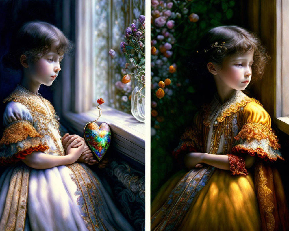 Vintage Clothing Young Girl Holding Heart-Shaped Object Painting