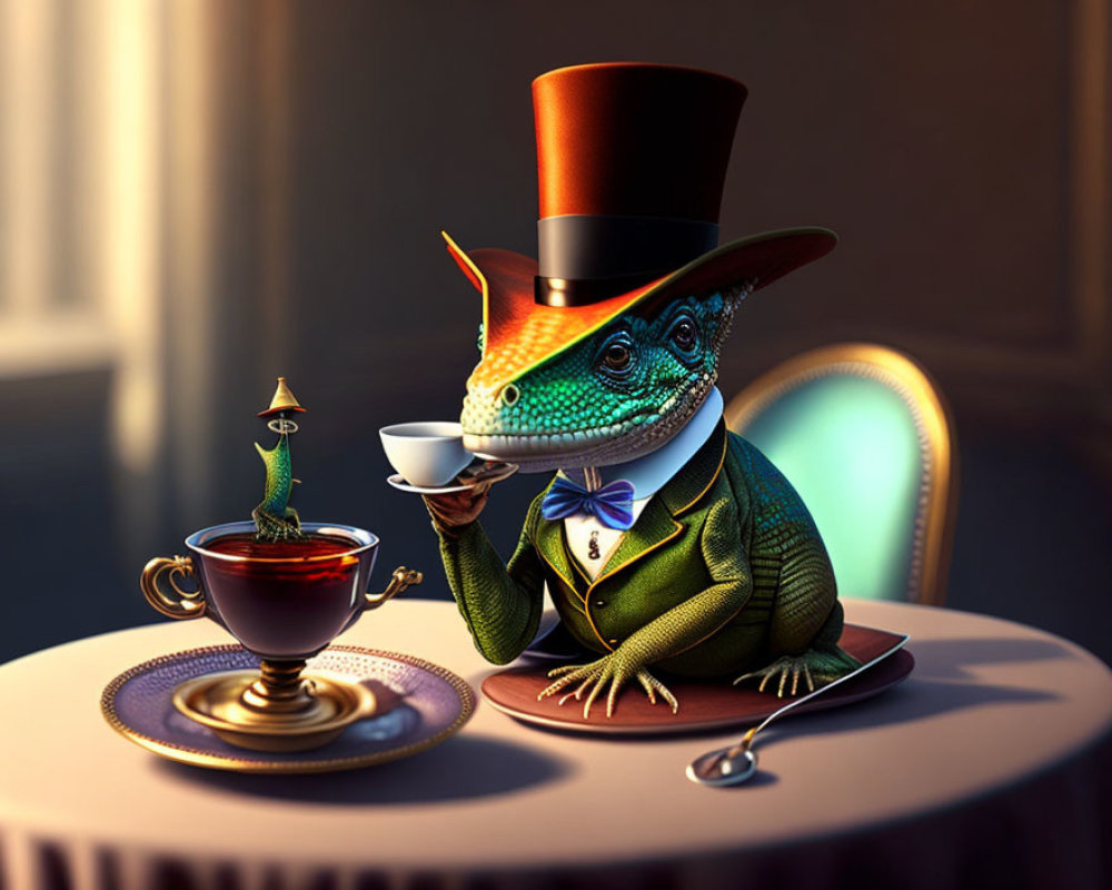 Elegantly dressed chameleon sipping tea at table