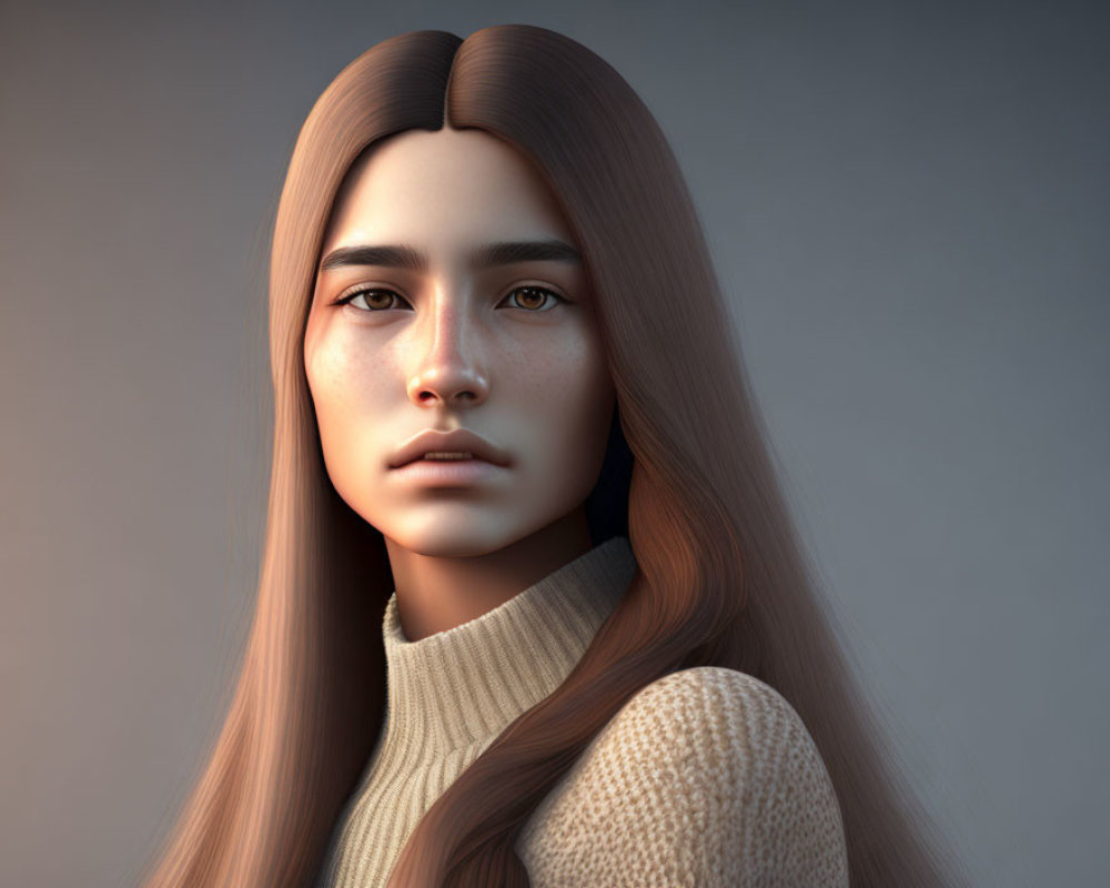 Female character 3D rendering: straight brown hair, light hazel eyes, beige turtleneck