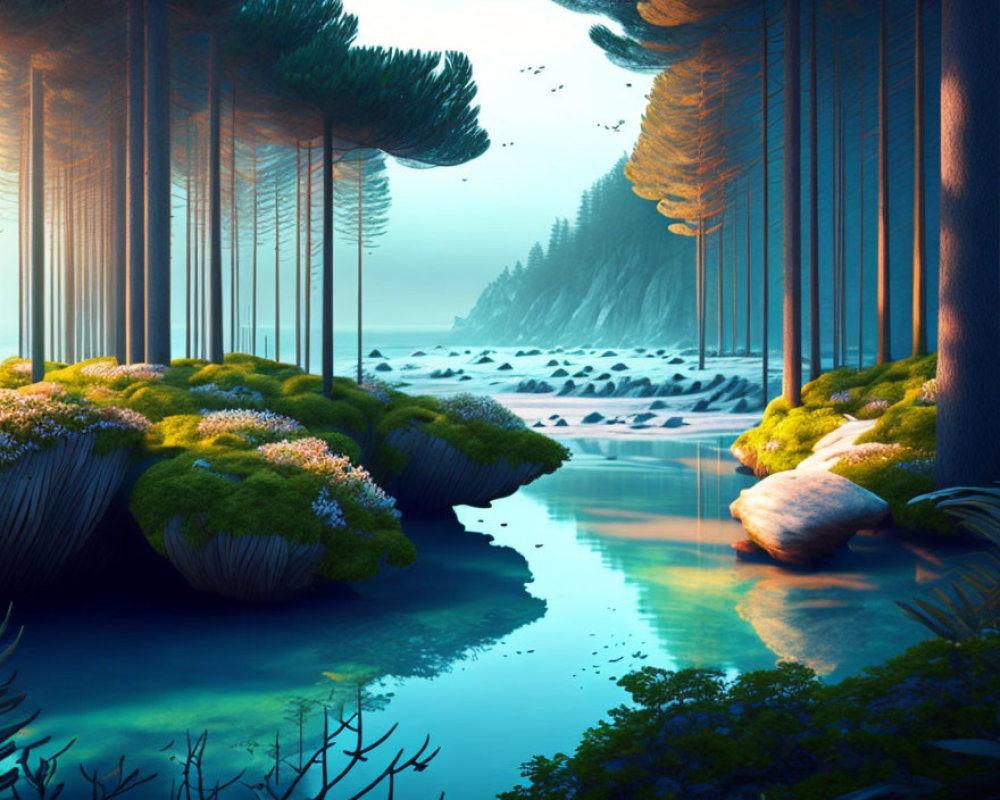 Serene forest landscape with tall trees, river, moss-covered rocks, and warm sunlight.