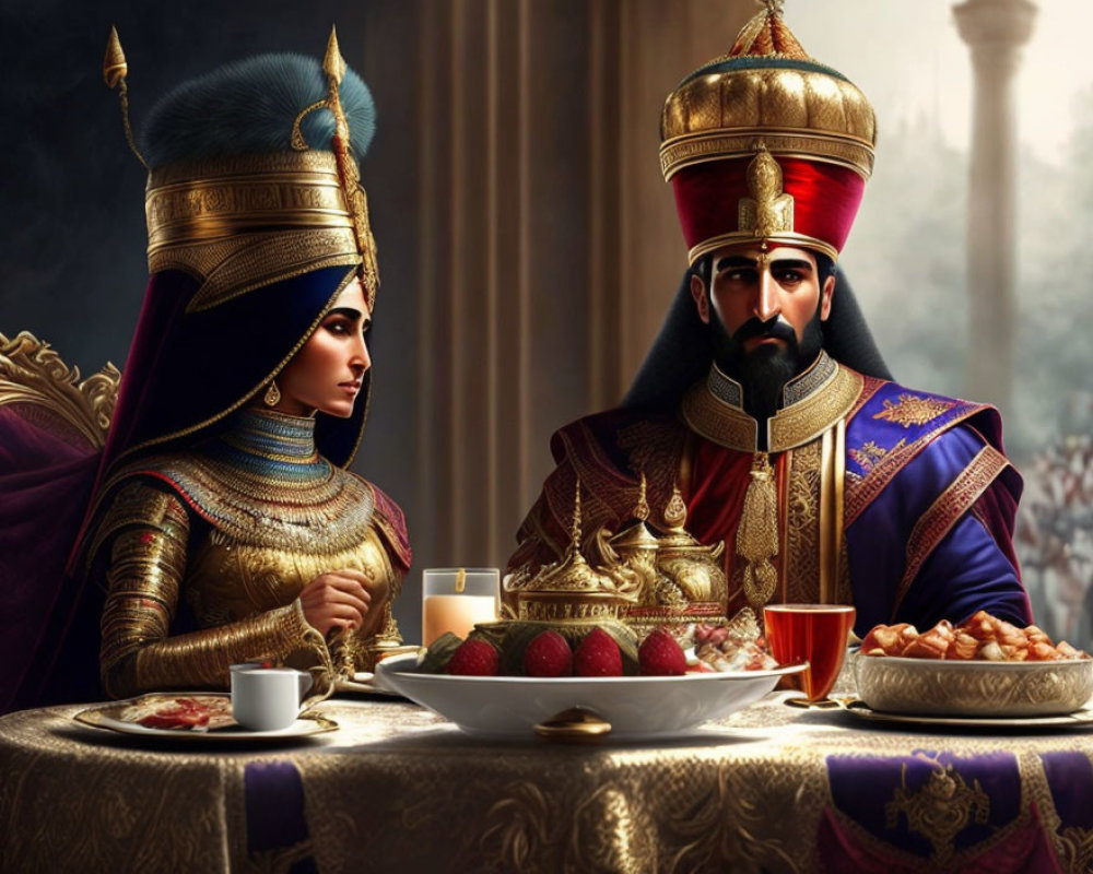Royal Eastern couple dining in opulent setting