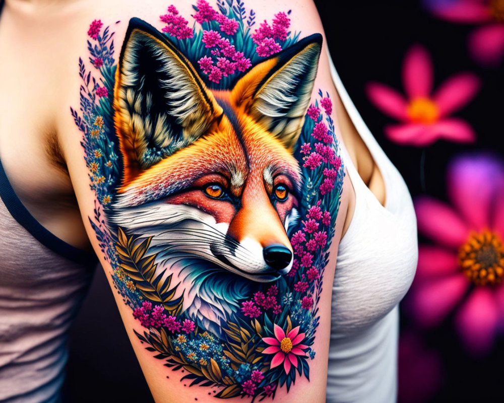 Vibrant fox tattoo with flowers on upper arm