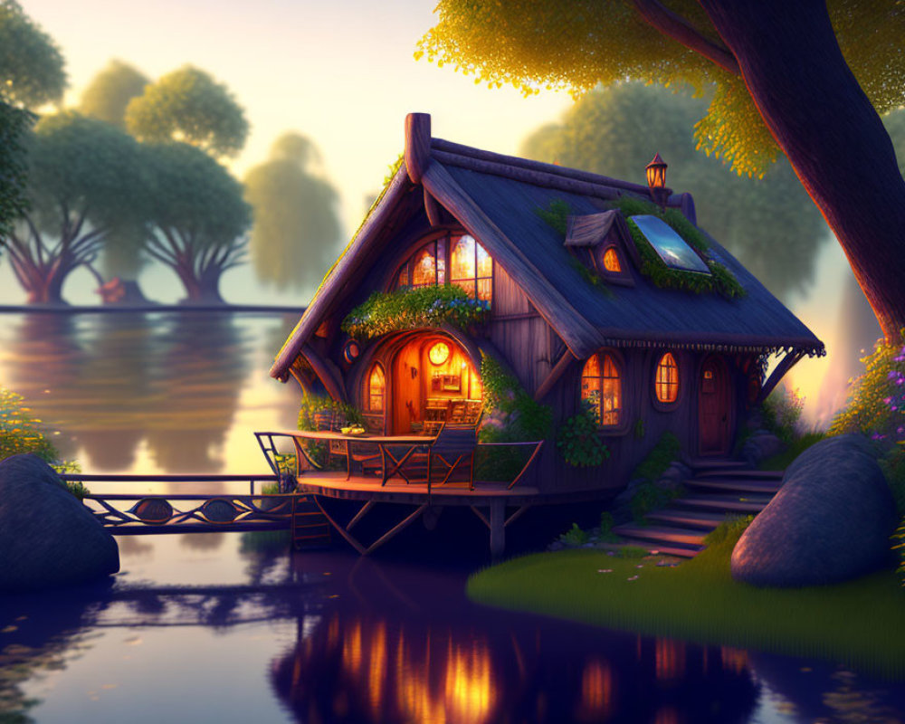 Tranquil dusk scene: cozy cottage near lake, trees, and bridge