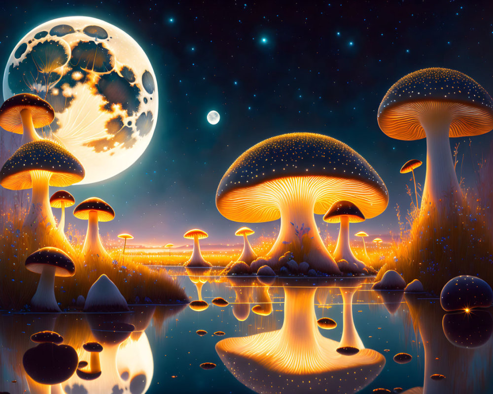 Surreal digital artwork: vibrant mushroom landscape under twilight sky