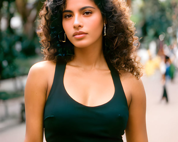 Curly-Haired Woman in Black Top on Tree-Lined Street