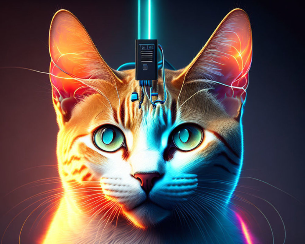 Surreal cat with glowing blue eyes and cables on dark background