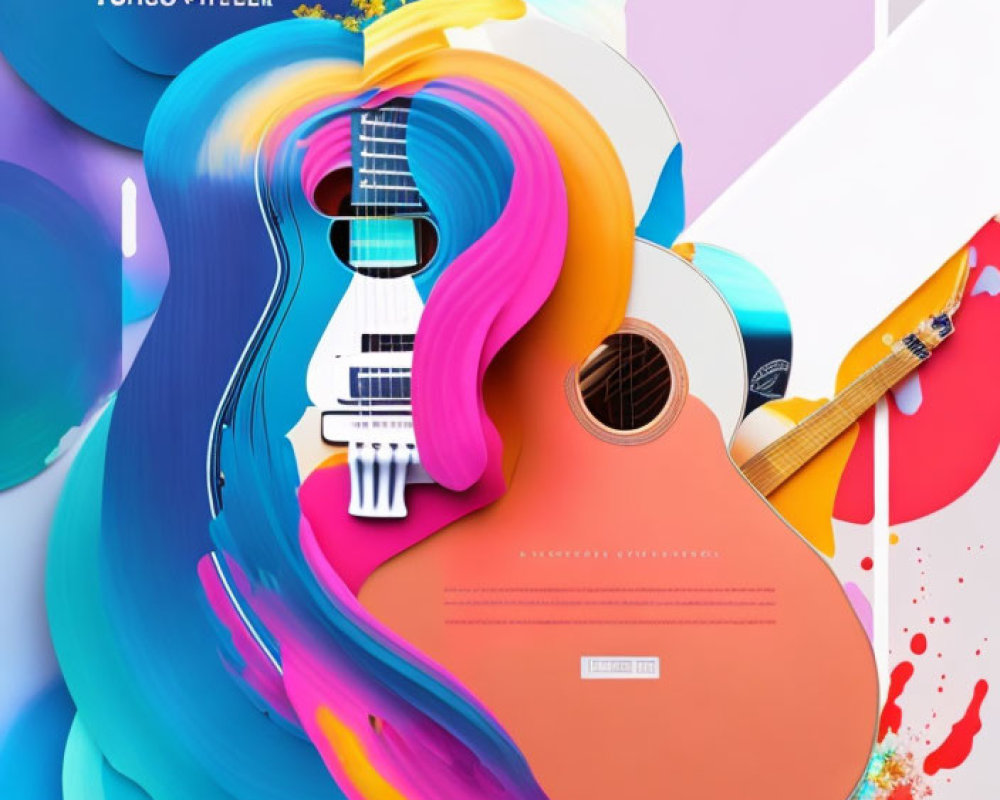 Colorful abstract artwork featuring guitar, paint splatters, and Cyrillic text.