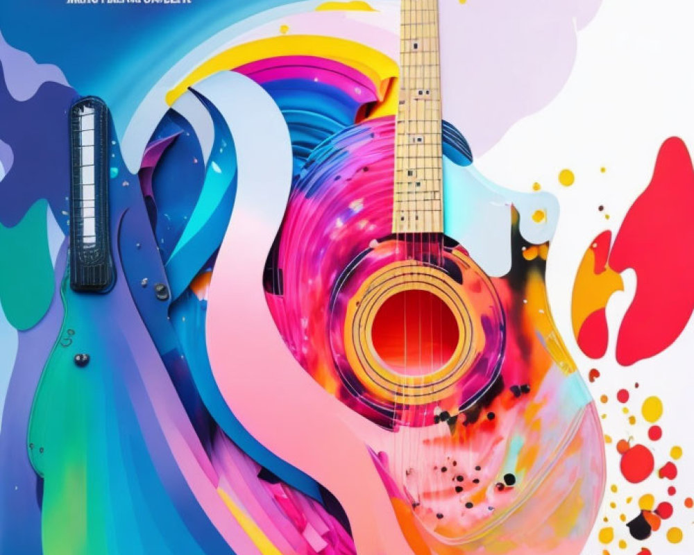 Colorful Abstract Art: Guitar Centerpiece with Swirls and Splatters