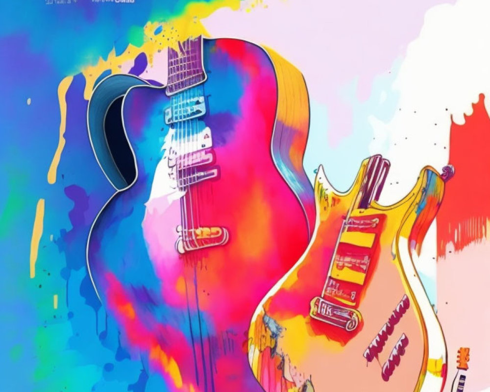 Vibrant electric guitars illustration with musical elements on bright background
