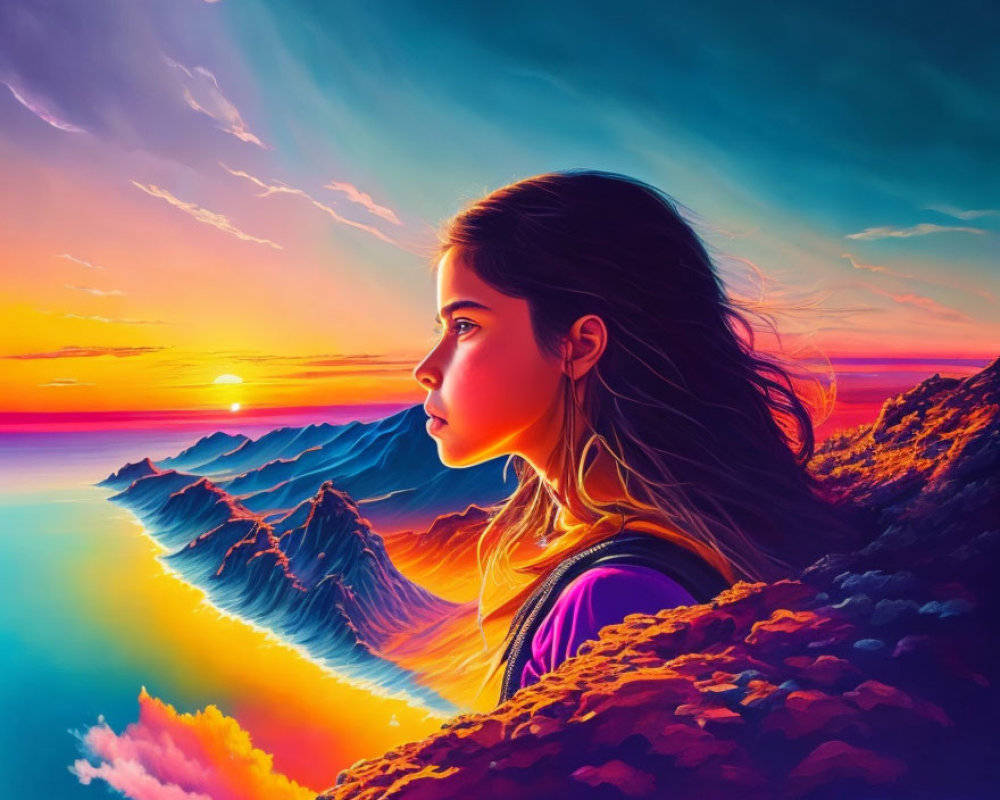 Vibrant sunset over mountainous coastline with orange, purple, and blue hues.