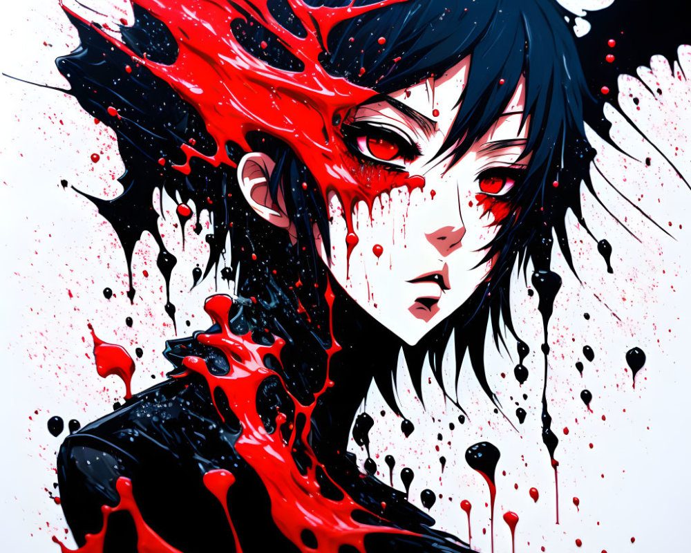 Anime-style illustration: Person with black hair and red eyes splattered in red liquid