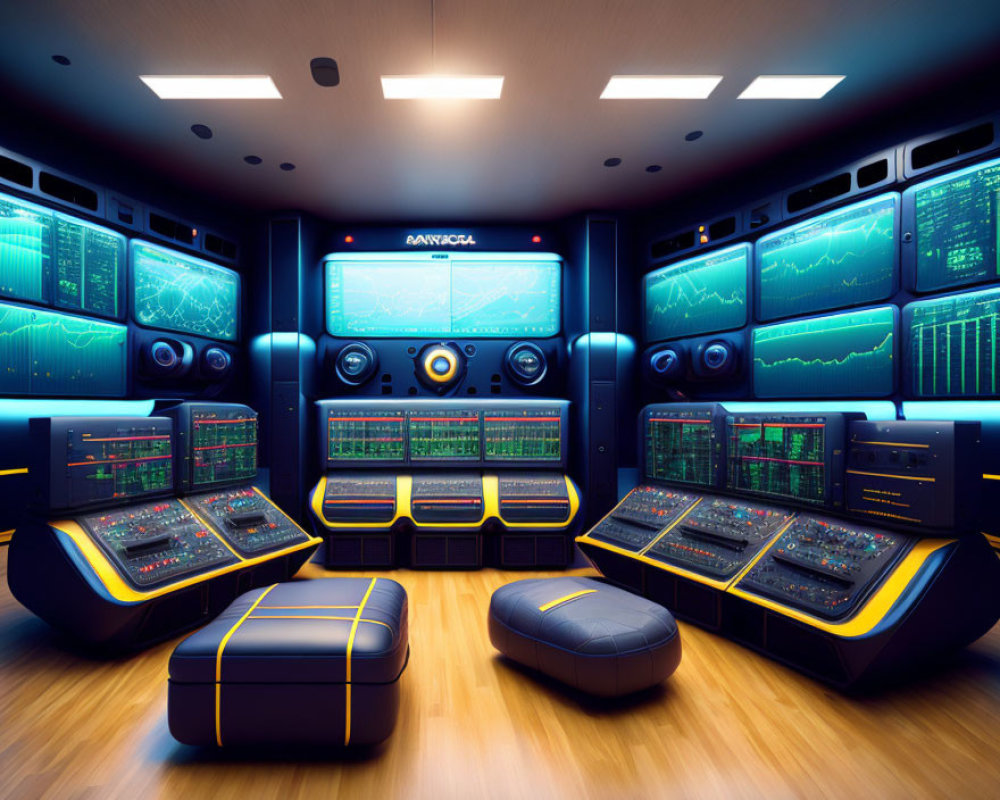Futuristic control room with multiple screens, illuminated panels, buttons, switches, and audio equipment