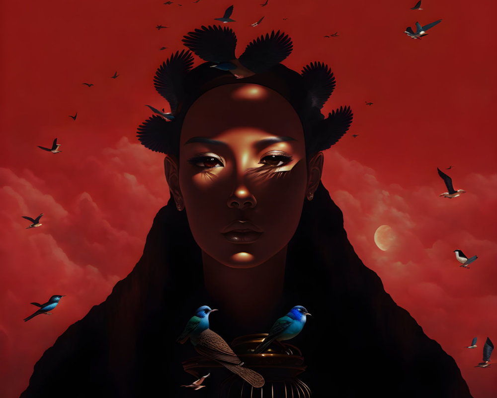 Woman with birds in hair against red sky with moon