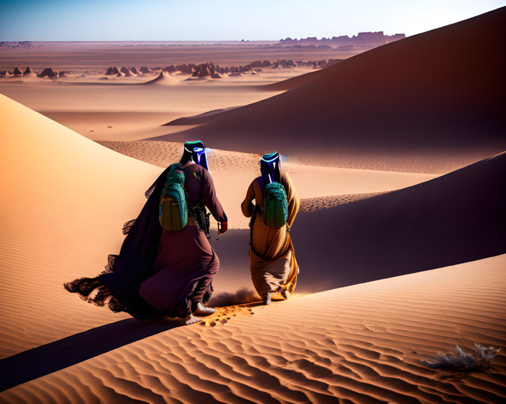 Traditional robed individuals walking on desert dune landscape