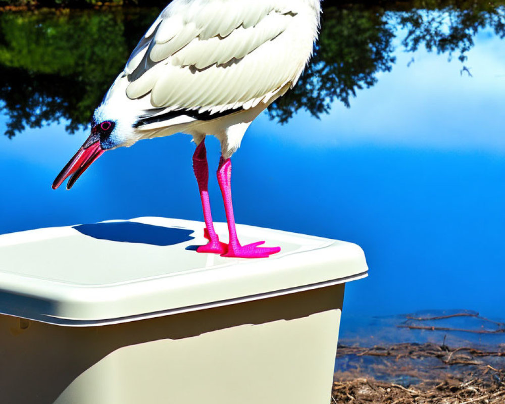 Black and White Stork with Red Legs Beside Water and Trees