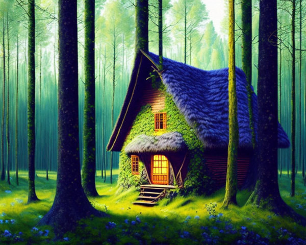 Thatched-roof cottage in serene forest glade
