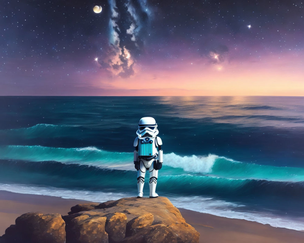 Stormtrooper gazes at starry sky, galaxy, crescent moon, and colorful sunset on