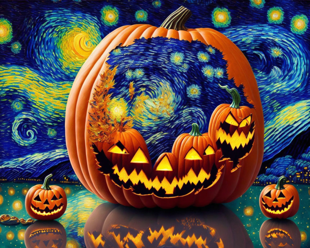 Colorful Halloween Jack-o'-lanterns under starry night sky