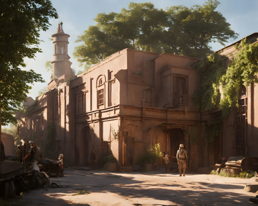Deserted sunlit street with rundown buildings, foliage, church spire, and people.