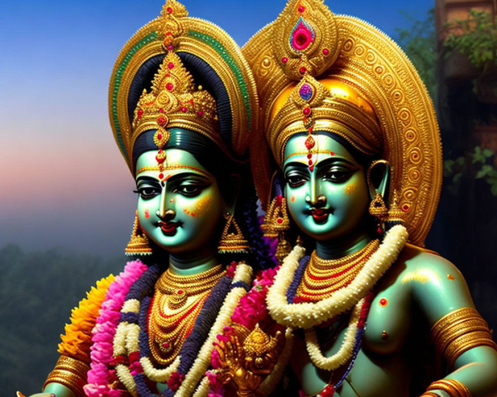 Elaborate Hindu deity statues with ornate headpieces and jewelry at twilight