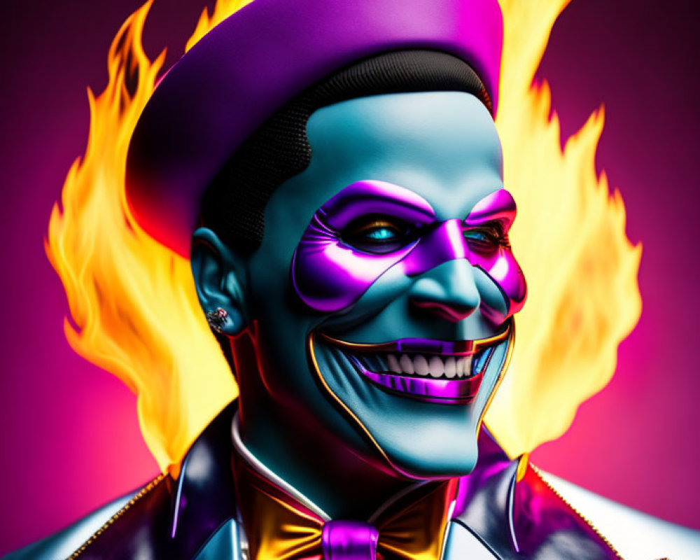 Vibrant character with flaming top hat and purple makeup