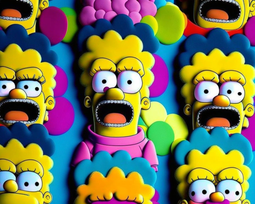 Vibrant cartoon characters with unique hair in surprise expressions against colorful background.